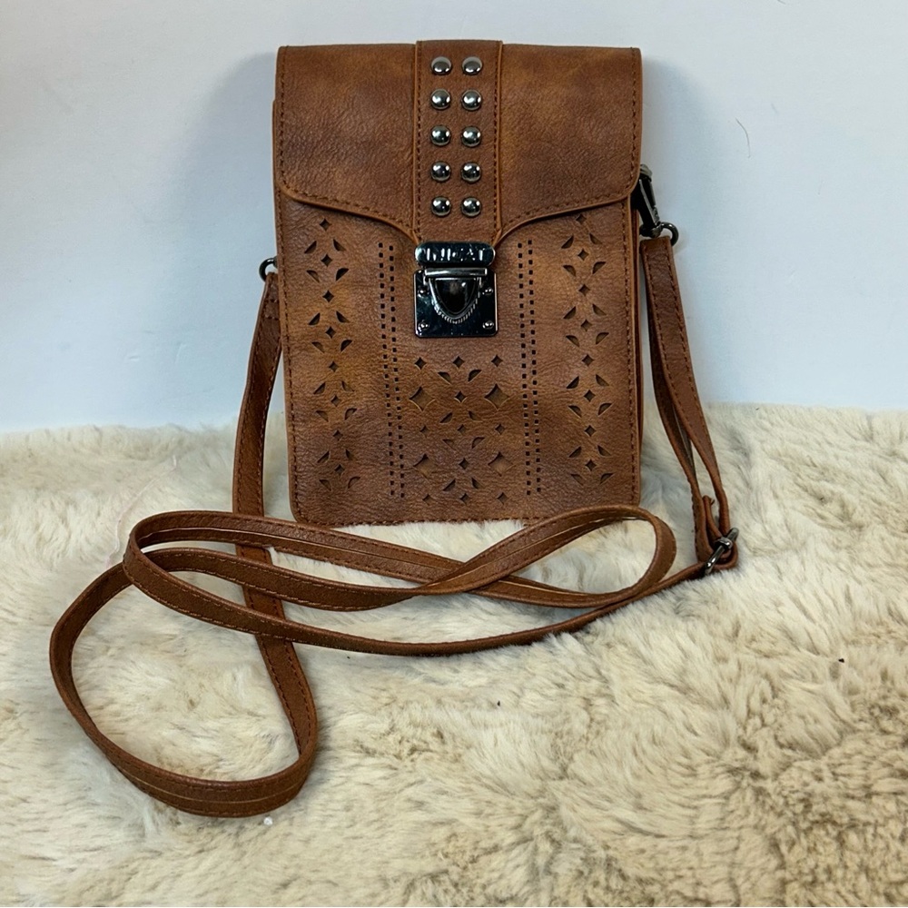 Caramel Brown Crossbody Bag‎ with Geometric Perforations Phone Holder